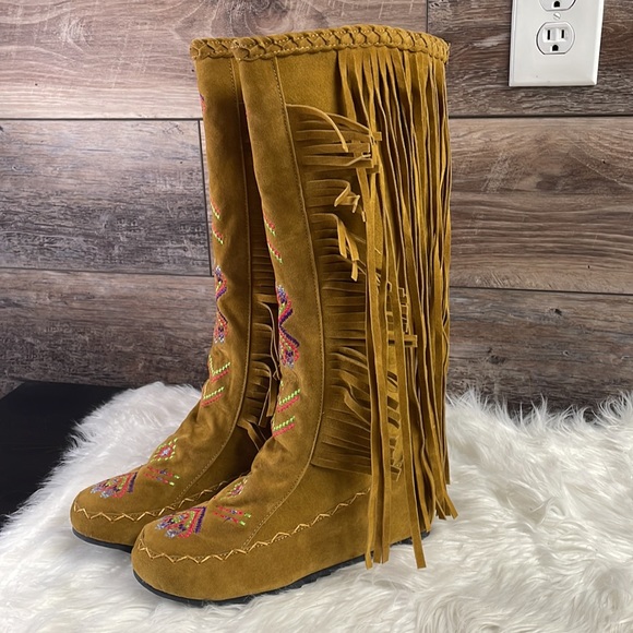 Ladies Moccasin Knee High Suede Wide Calf Leg Boots, Tan, - Picture 6 of 13